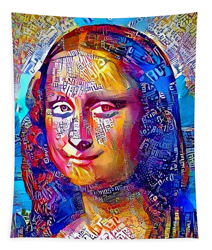Mona Lisa Tapestry featuring the digital art Colorful Mona Lisa portrait with blue, orange and magenta color scheme by Nicko Prints