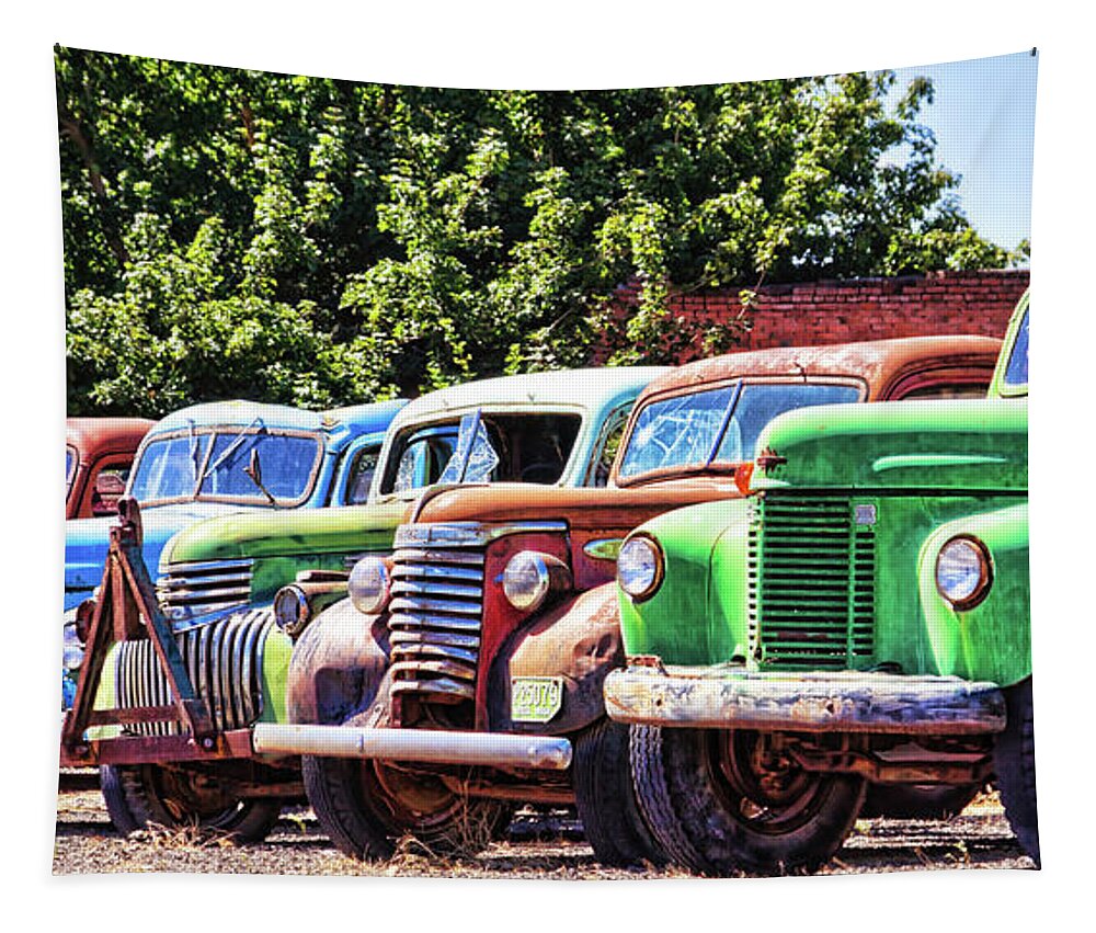 Vintage Trucks Tapestry featuring the photograph Colorful old rusty cars by Tatiana Travelways