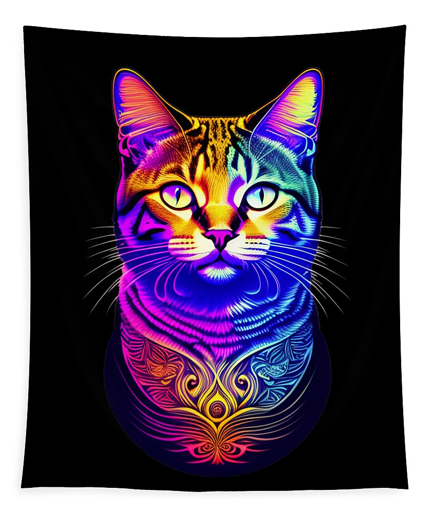 Cool Tapestry featuring the digital art Colorful Psychedelic Cat by Flippin Sweet Gear