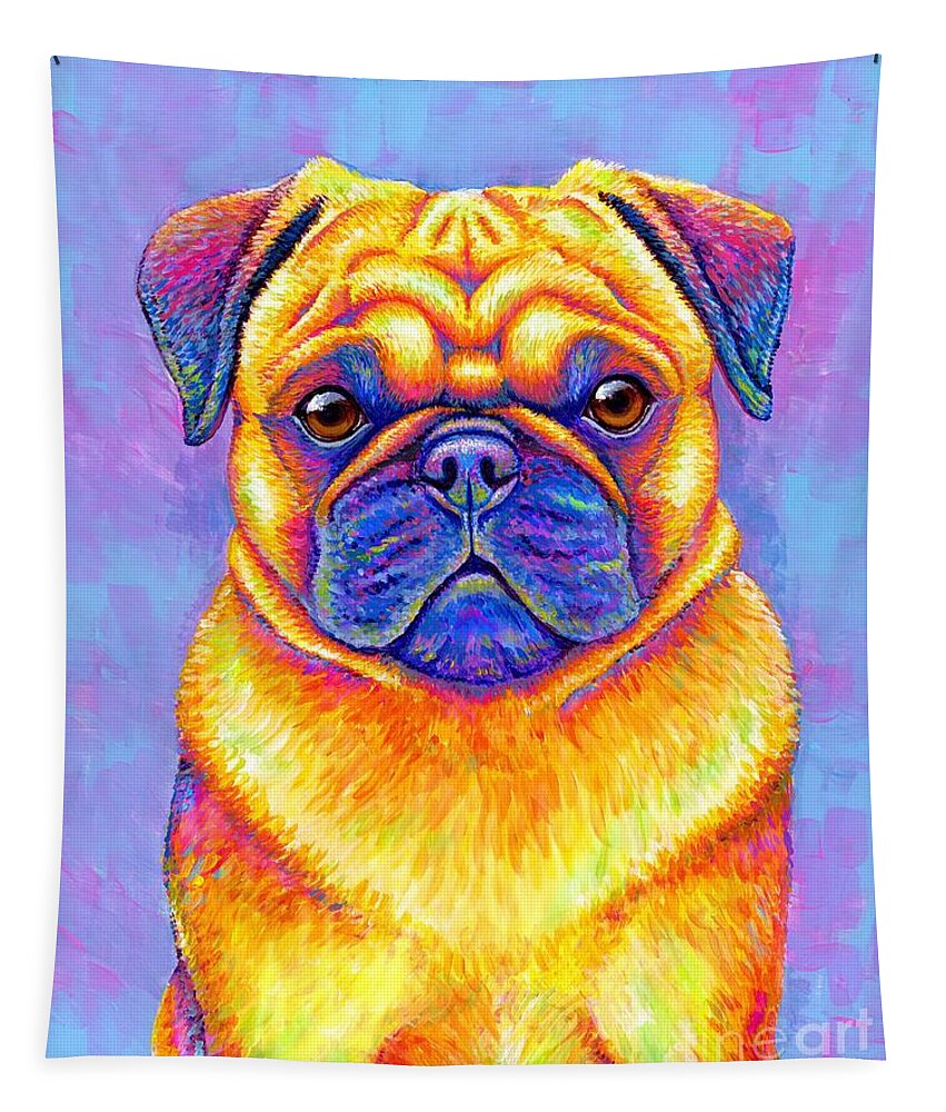 Pug Tapestry featuring the painting Colorful Rainbow Pug Dog Portrait by Rebecca Wang