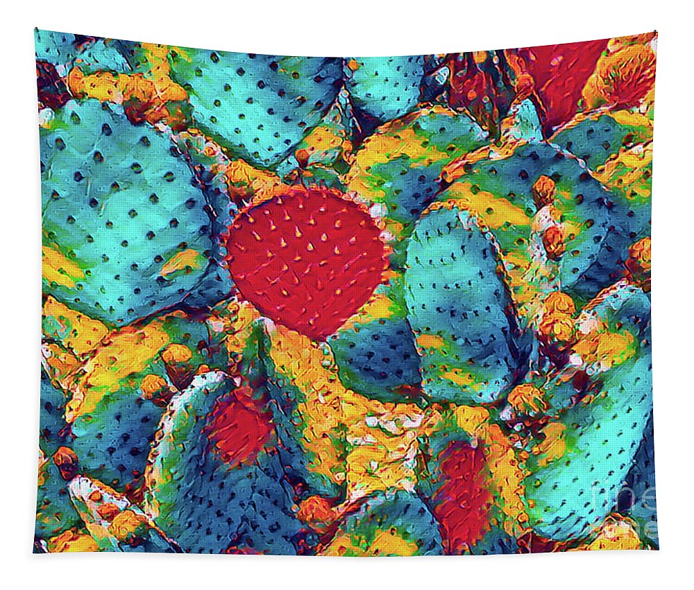 Cactus Tapestry featuring the photograph Colorful red and blue prickly pear cactus ears by Roslyn Wilkins