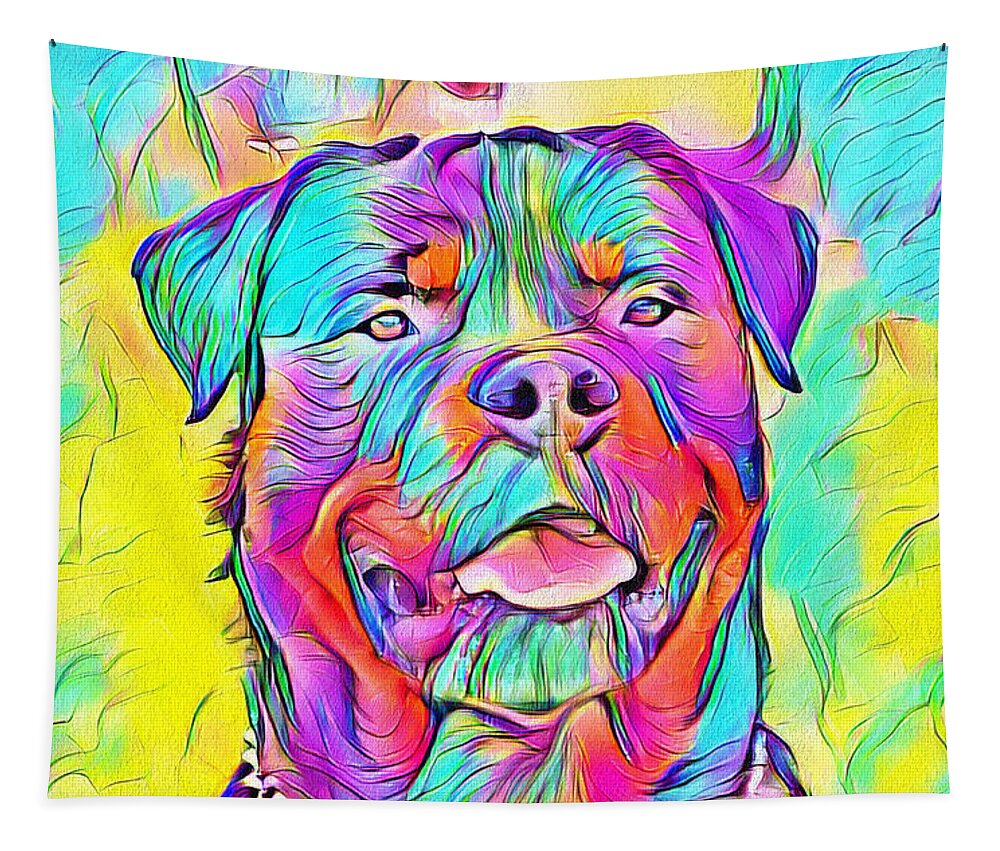 Rottweiler Dog Tapestry featuring the digital art Colorful Rottweiler dog portrait - digital painting by Nicko Prints