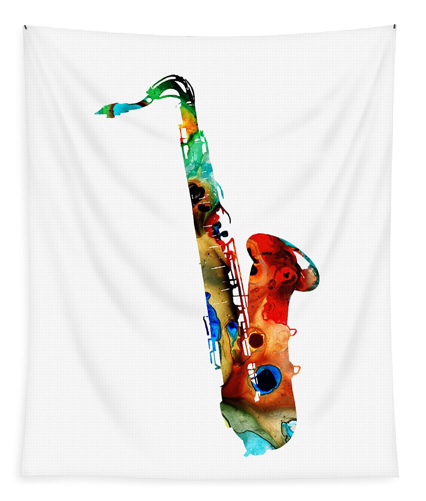 Saxophone Tapestry featuring the painting Colorful Saxophone by Sharon Cummings by Sharon Cummings