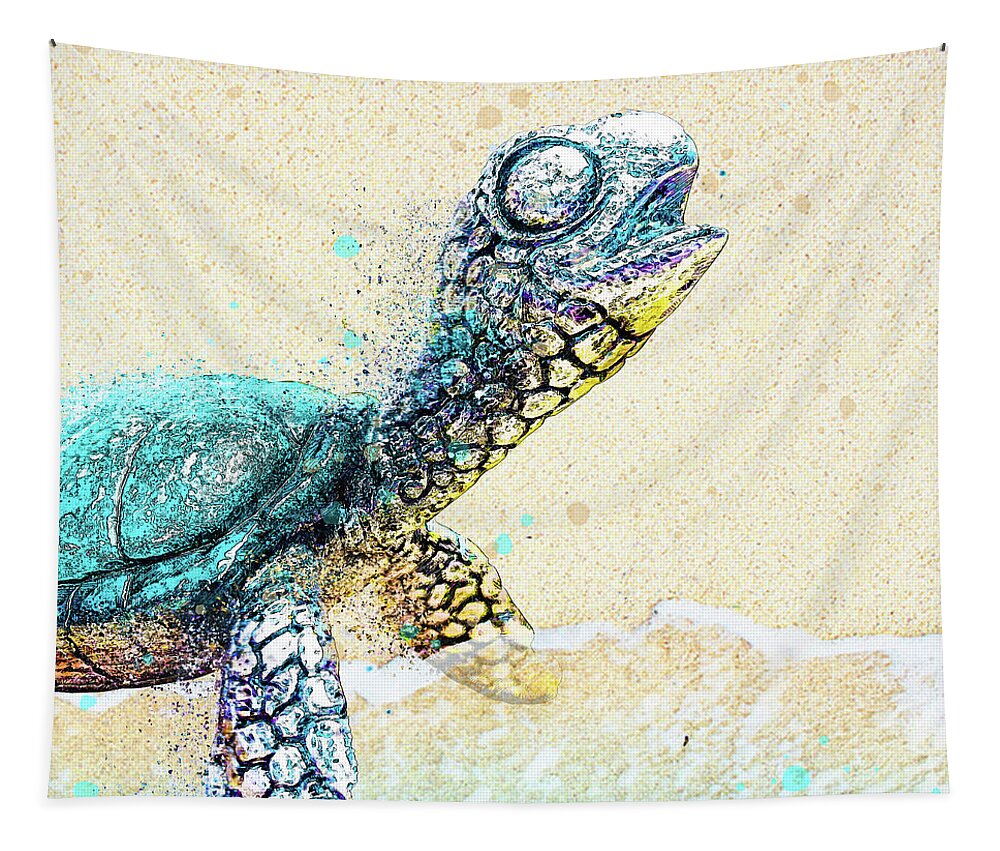 Sea Turtle On Beach Tapestry featuring the digital art Colorful Sea Turtle on the Shore by Pamela Williams