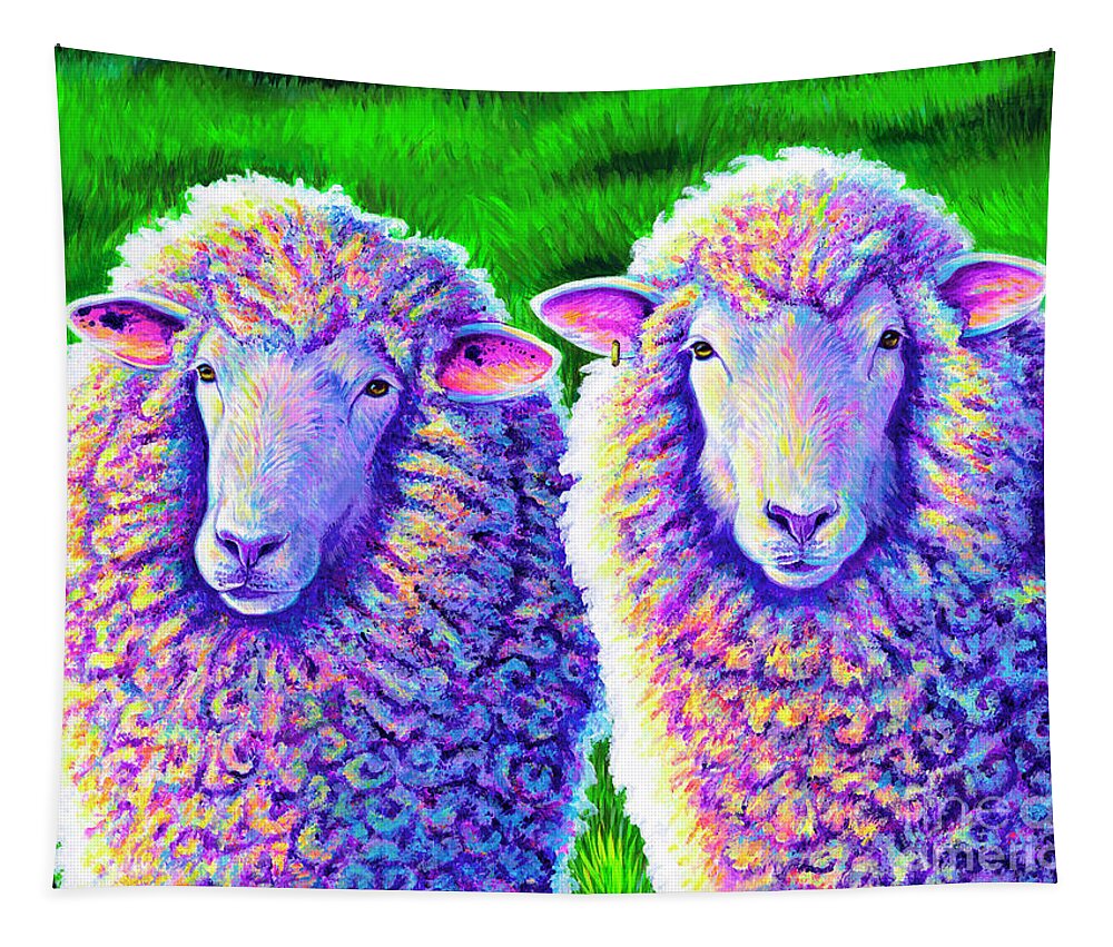 Sheep Tapestry featuring the painting Colorful Sheep Portrait - Charlie and Curtis by Rebecca Wang