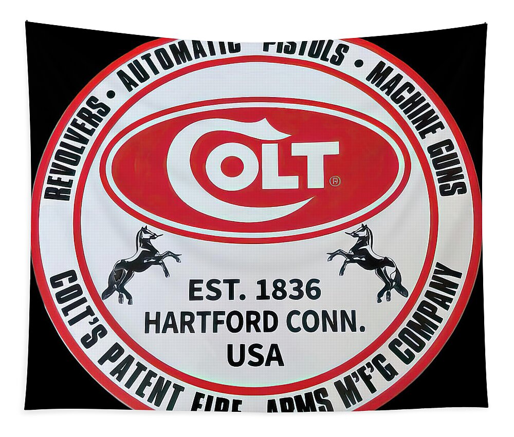 Colt Tapestry featuring the photograph Colt Firearms vintage sign by Flees Photos