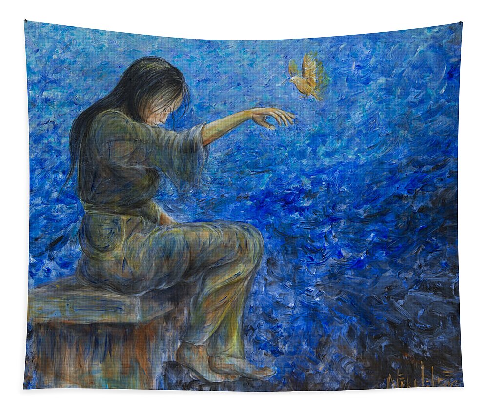 Canary Tapestry featuring the painting Come by Nik Helbig
