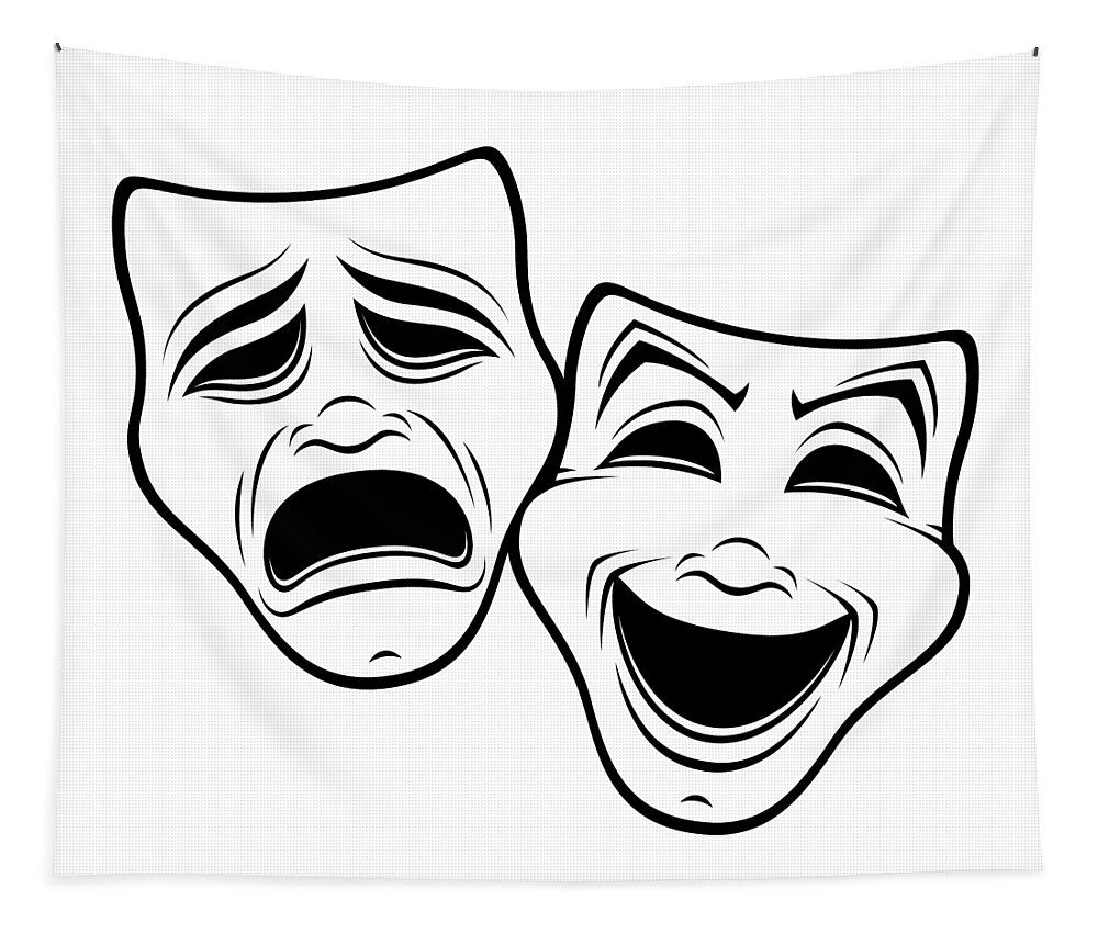 Comedy And Tragedy Theater Masks Black Line Tapestry by John