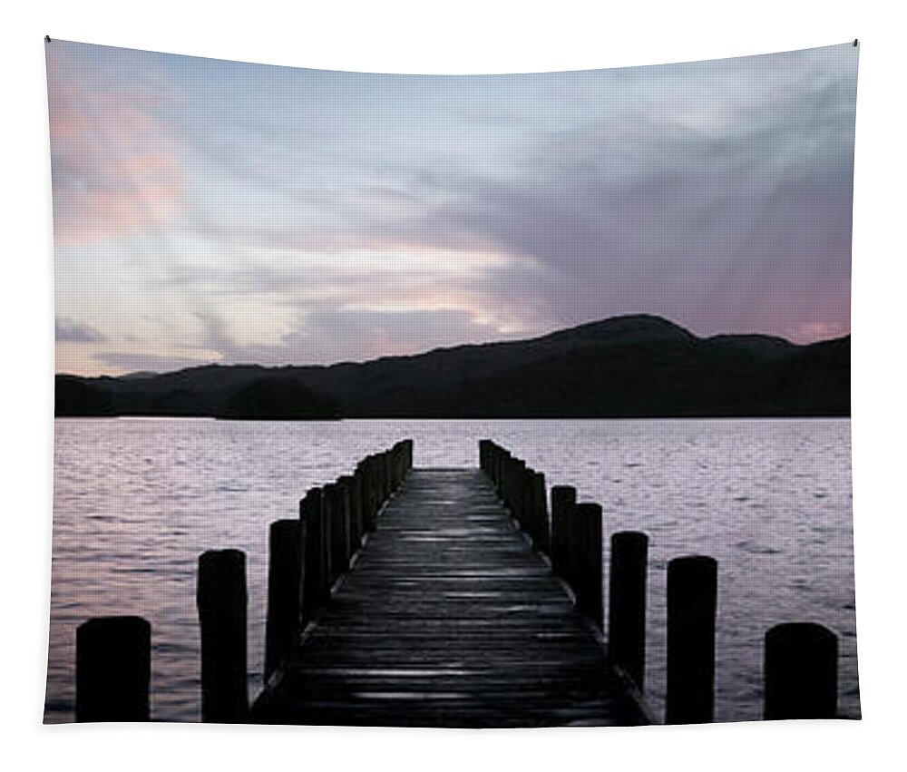 Panorama Tapestry featuring the photograph Coniston Water Boat Jetty Sunset Lake District by Sonny Ryse