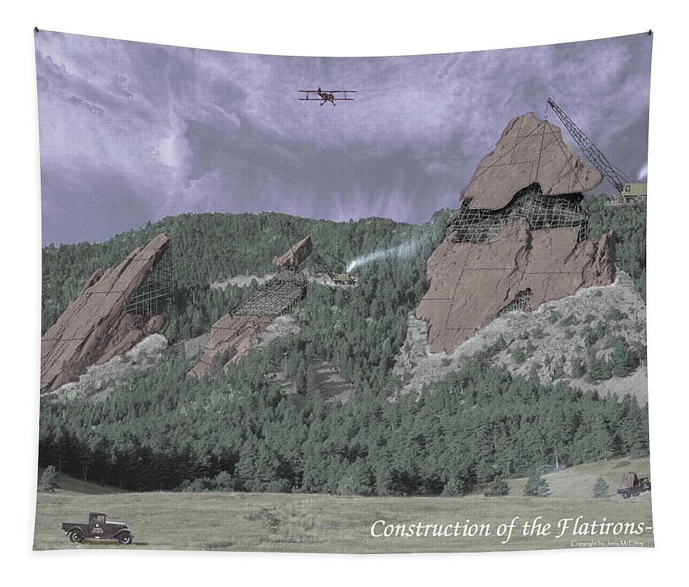 Boulder Tapestry featuring the photograph Construction of the Flatirons - 1931 by Jerry McElroy