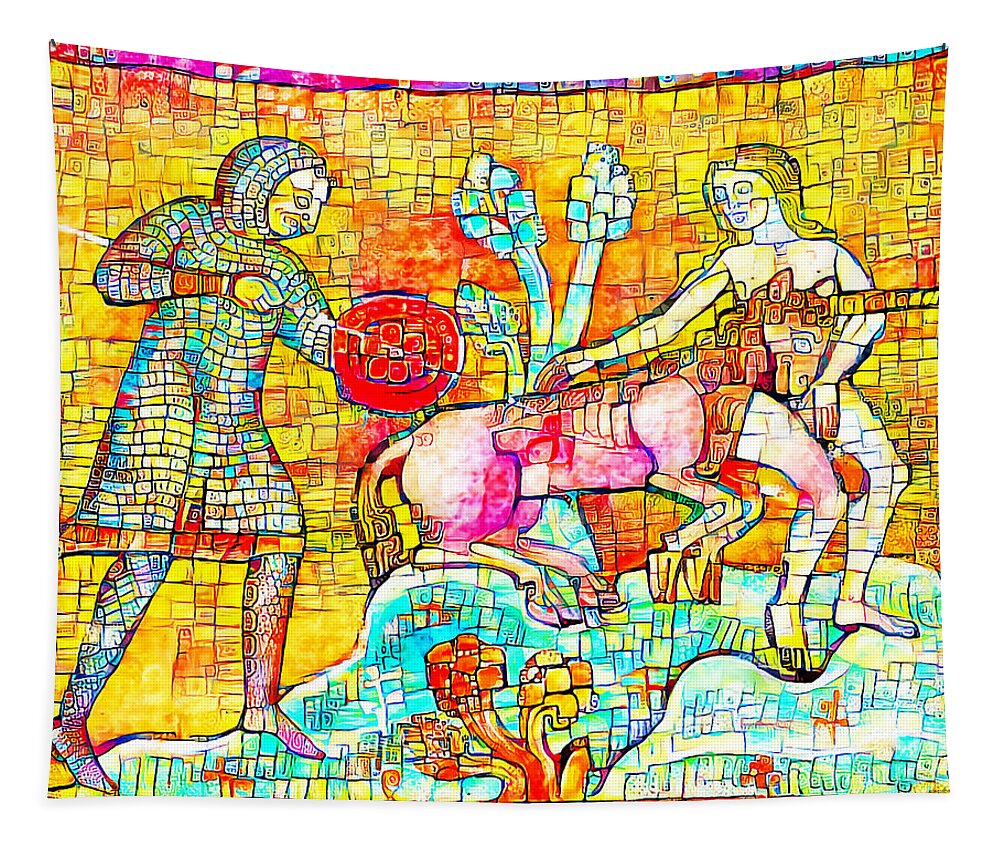 Wingsdomain Tapestry featuring the photograph Contemporary Medieval Art Unicorn Injured By A Kings Soldier Being Comforted By A Maiden 20201021v4 by Wingsdomain Art and Photography