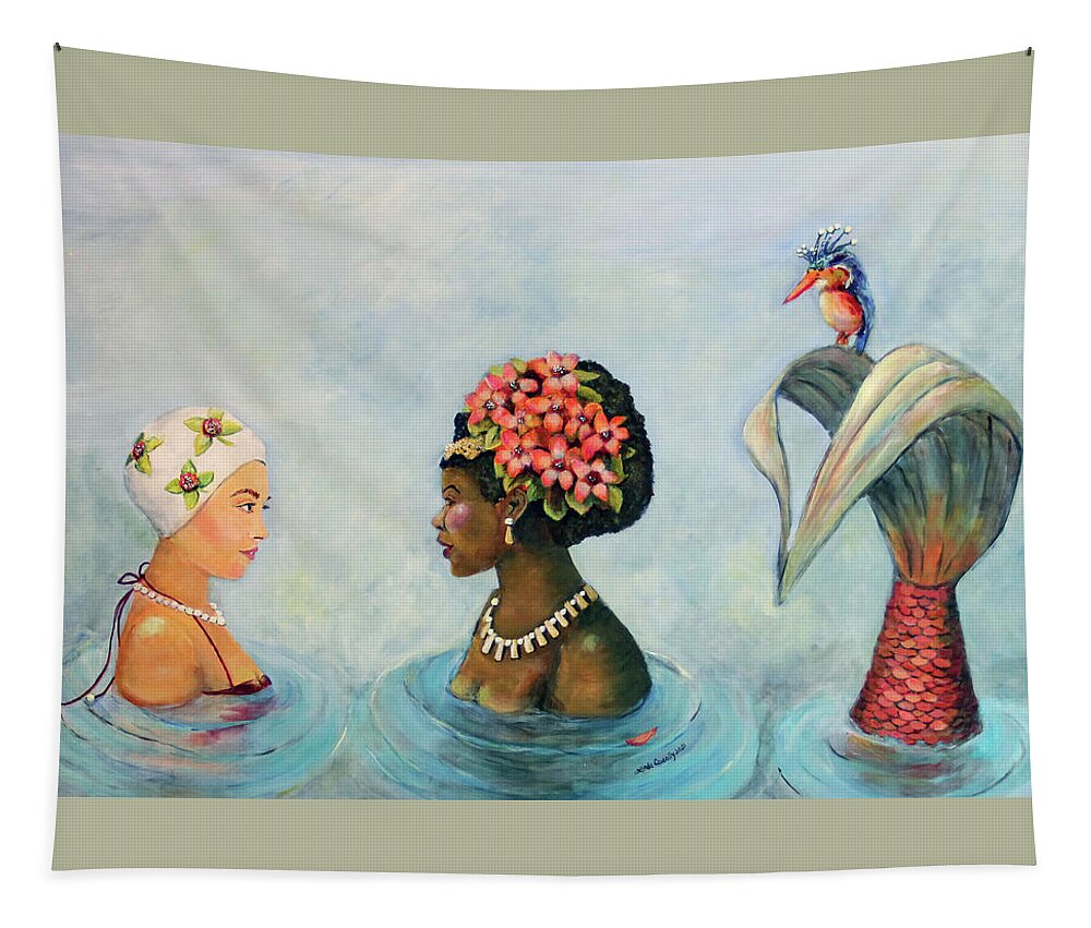 Mermaid Tapestry featuring the painting Conversation With a Mermaid by Linda Queally by Linda Queally
