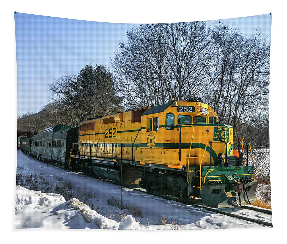 Conway Scenic Railroad Tapestry featuring the photograph Conway Scenic Railroad in North Conway Winter Trainride by Juergen Roth