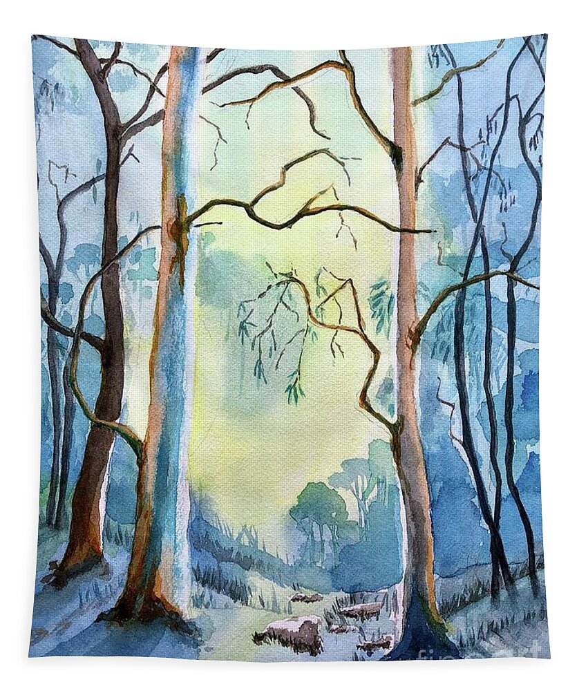 Blue Mountain Ash Eucalyptus Tapestry featuring the painting Cool Blue Gums by Vicki B Littell