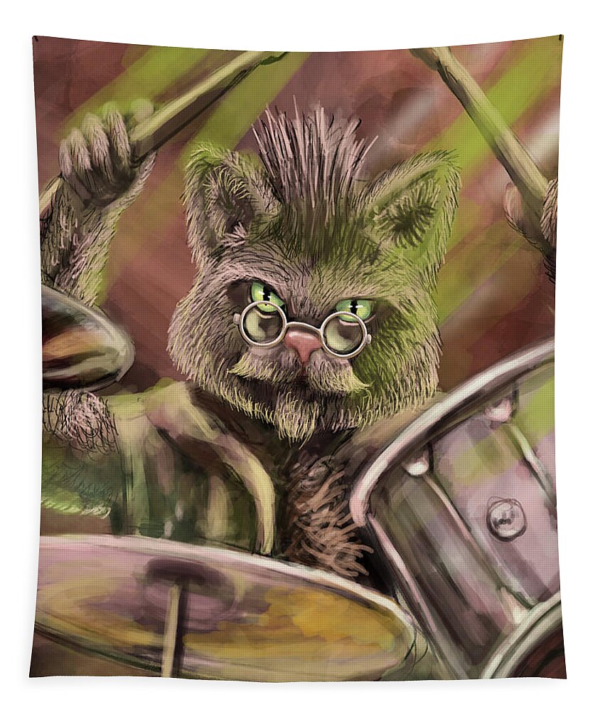 Cat Tapestry featuring the digital art Cool Cat Drummer by Larry Whitler