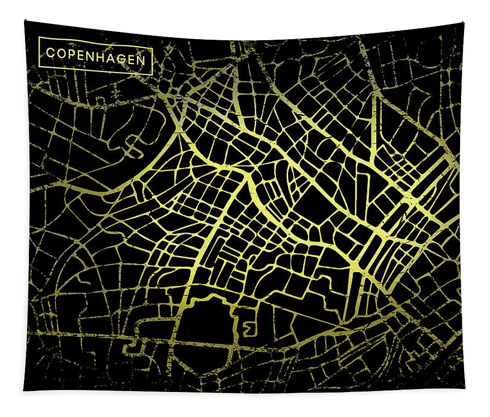 Map Tapestry featuring the digital art Copenhagen Map in Gold and Black by Sambel Pedes