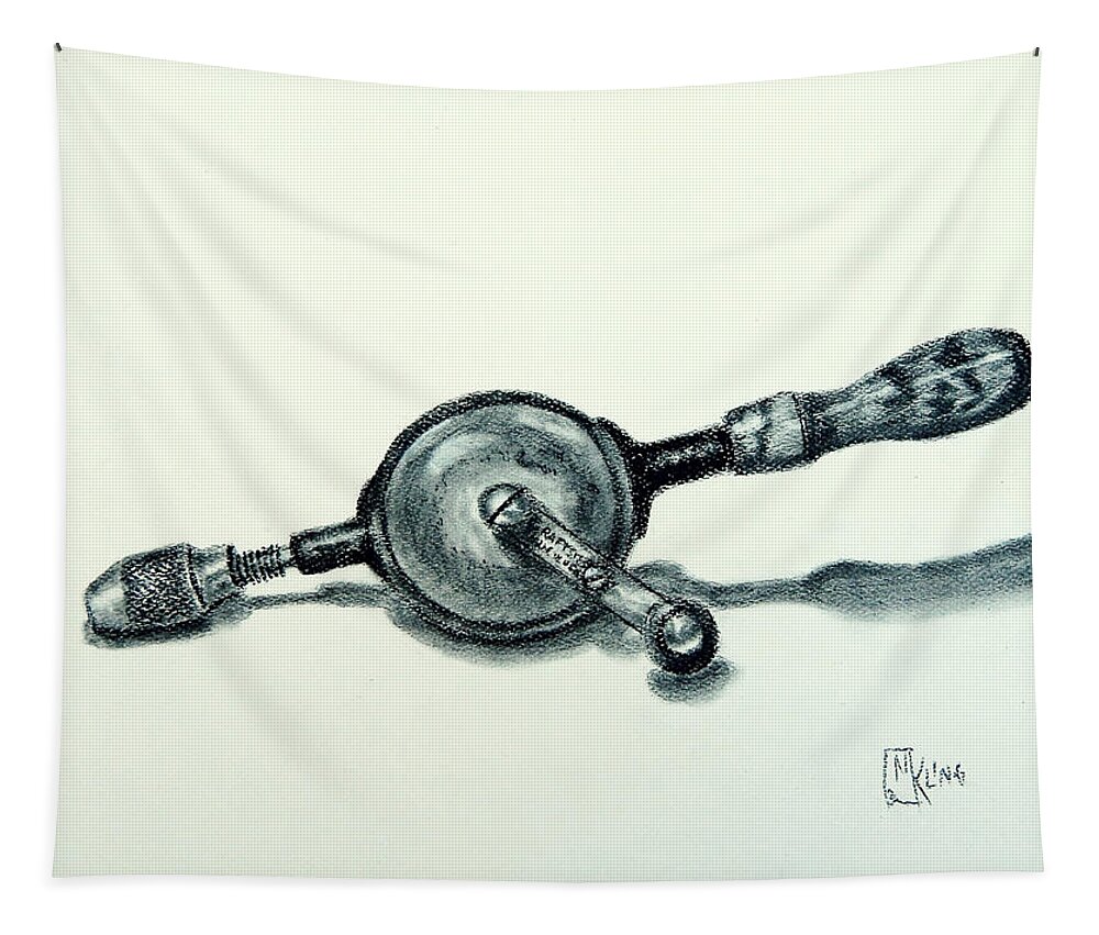 Old Tools Tapestry featuring the drawing Cordless Drill by Mike Kling
