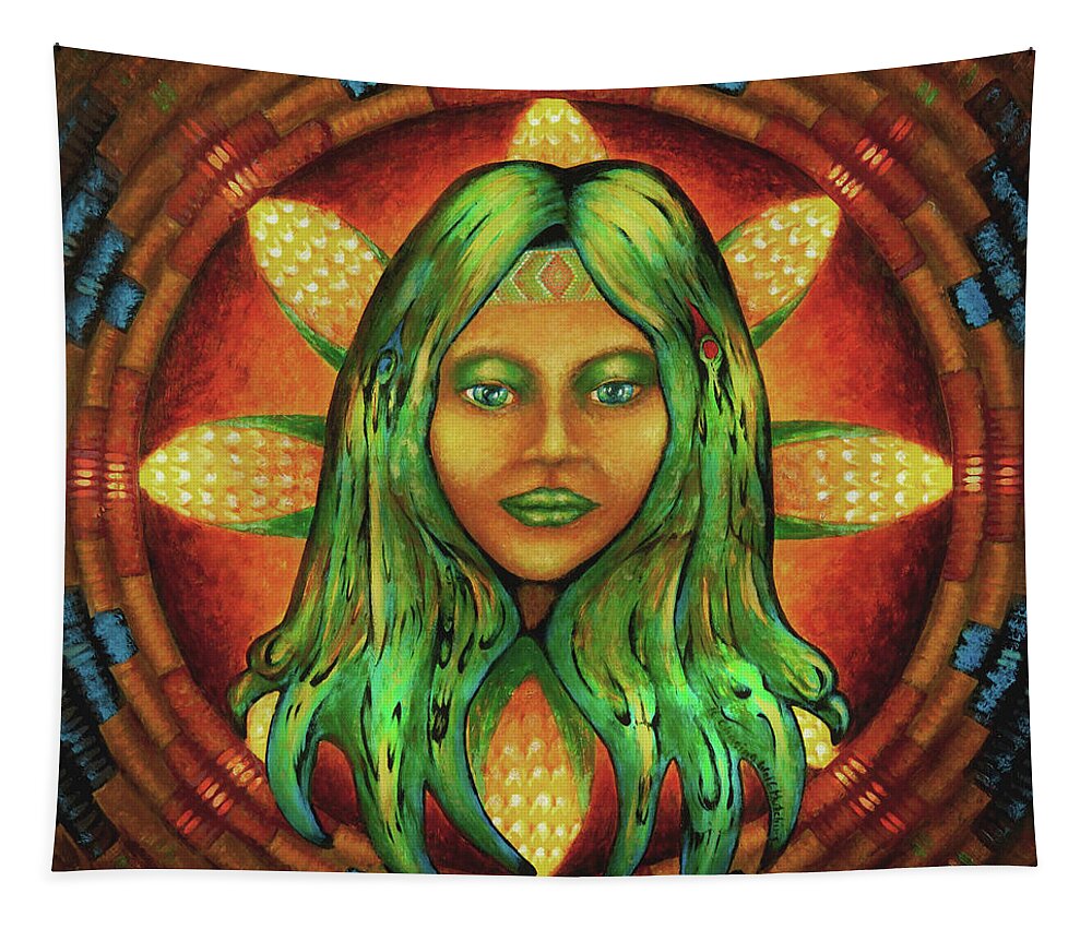 Native American Tapestry featuring the painting Corn Maiden by Kevin Chasing Wolf Hutchins