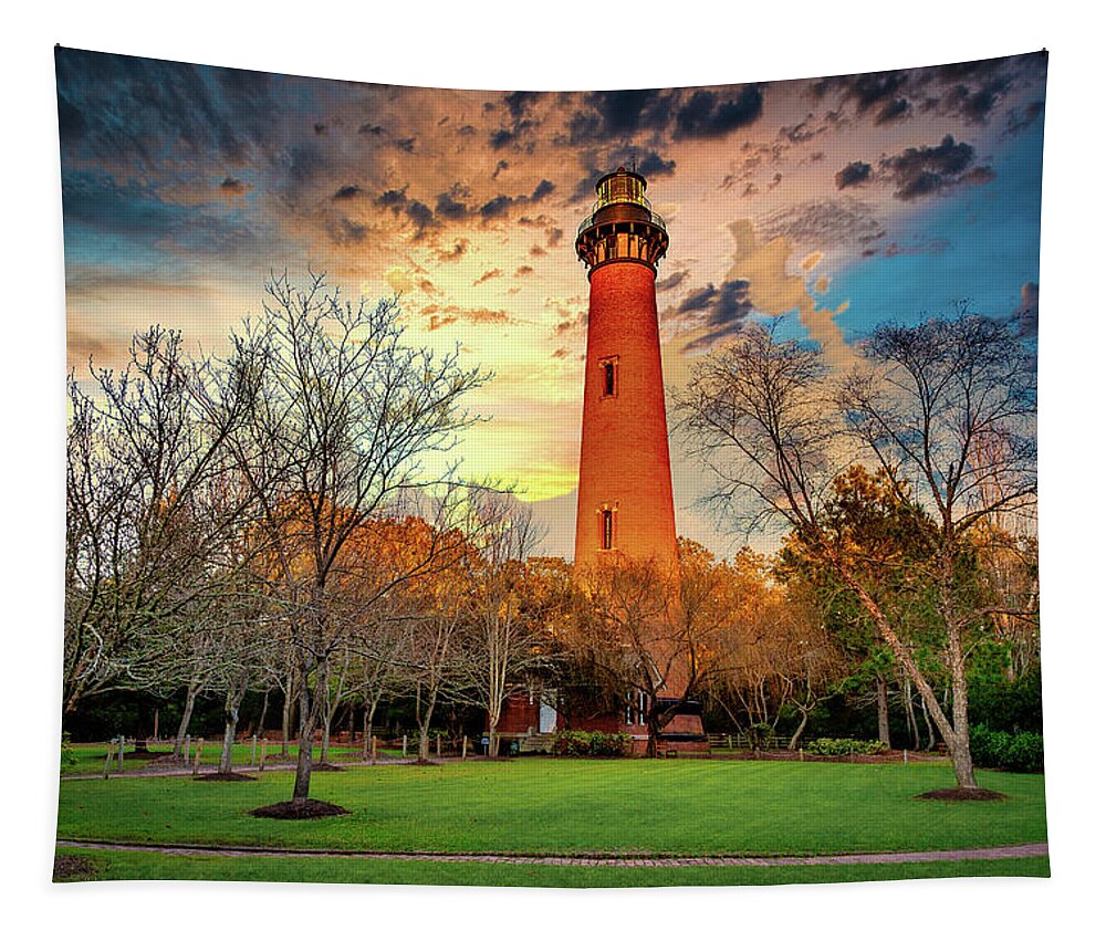 North Carolina Tapestry featuring the photograph Corolla Lighthouse and Sunset Sky horiz by Dan Carmichael