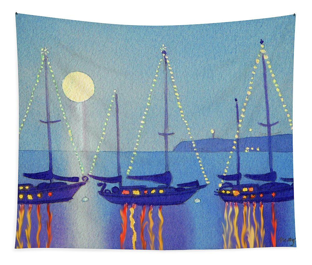 Coronado Tapestry featuring the painting Coronado Christmas Boats by Mary Helmreich
