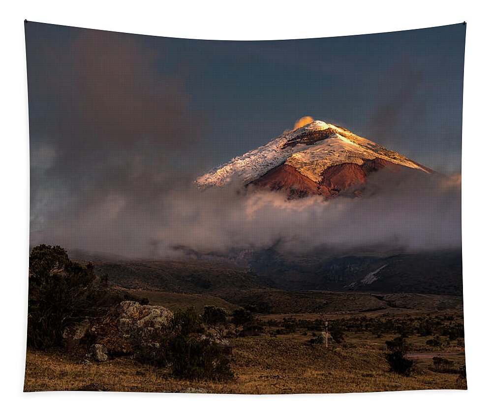 Andes Tapestry featuring the photograph Cotopaxi volcano between night and day by Henri Leduc