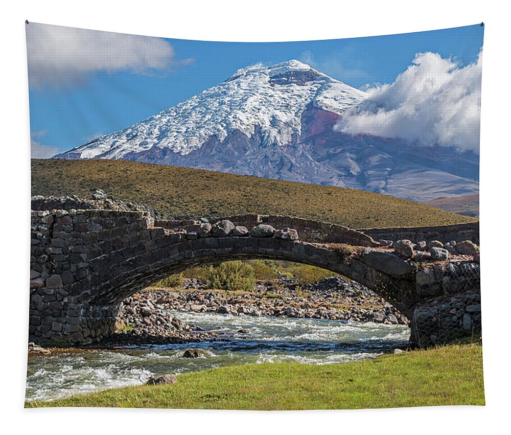 Andes Tapestry featuring the photograph Cotopaxi volcano, old bridge and Pita river by Henri Leduc
