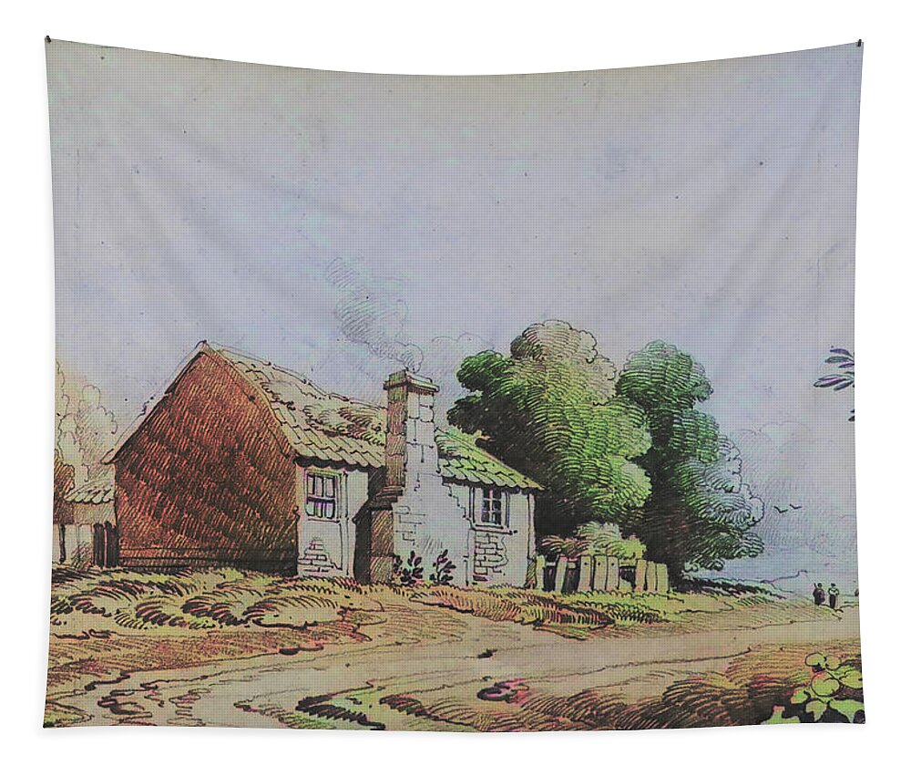 Cottage Tapestry featuring the drawing Cottage Beside Path by John Varley