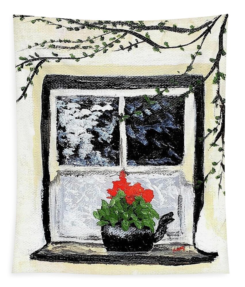  Tapestry featuring the painting Cottage Window by Amy Kuenzie