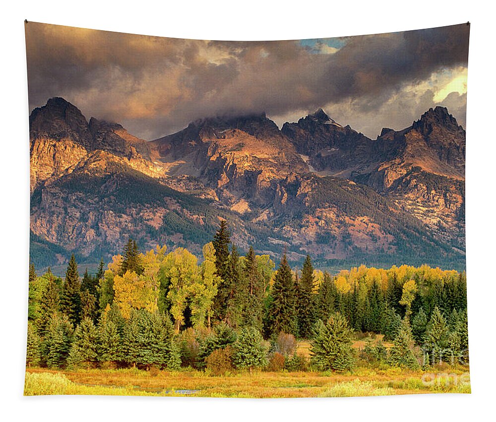 Dave Welling Tapestry featuring the photograph Cottonwoods And Fir Trees Fall Color Grand Tetons National Park Wyoming by Dave Welling