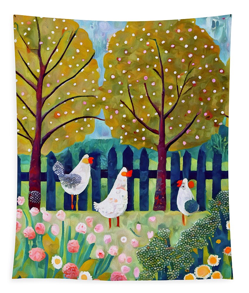 Hens Tapestry featuring the mixed media Country Cottage and Hens 2 by Ann Leech