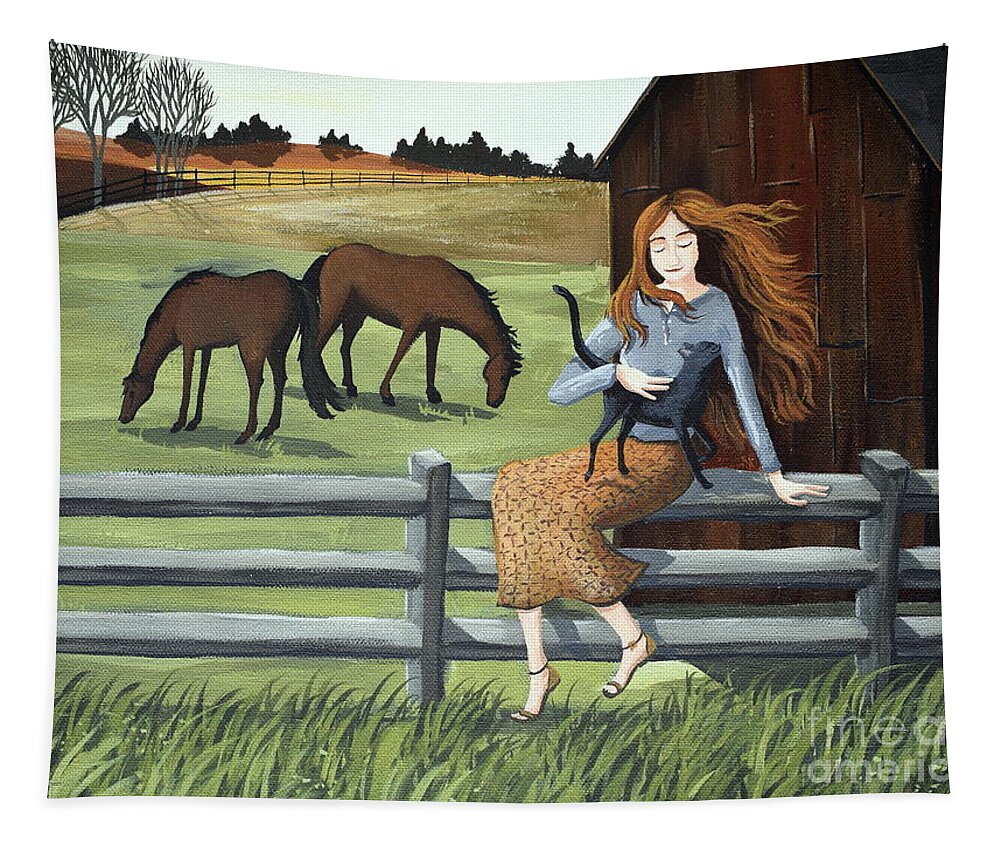 Country Tapestry featuring the painting Country Girl farm horse cat by Debbie Criswell