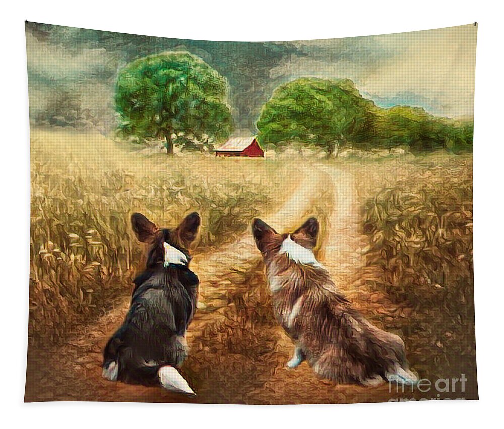 Corgi Tapestry featuring the mixed media Country Welsh Corgis by Kathy Kelly