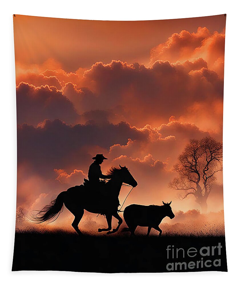 Horse Tapestry featuring the photograph Country Western Cowboy Horse and Steer Sunset by Stephanie Laird