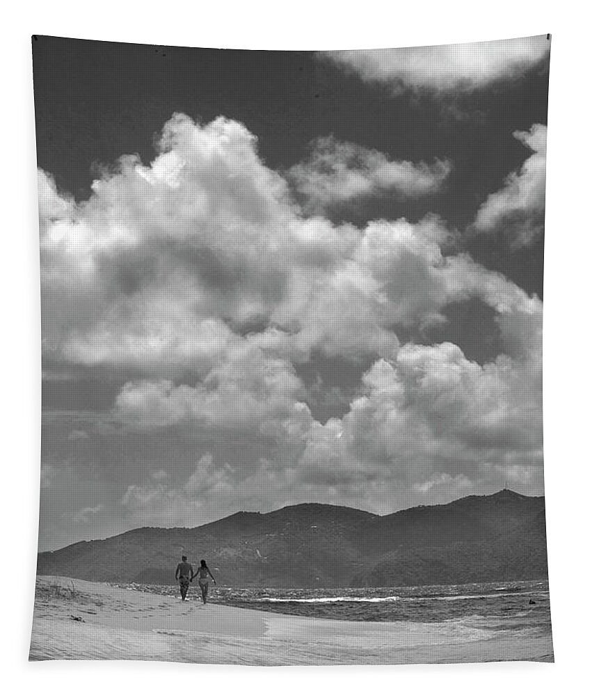 Black And White Tapestry featuring the photograph Couple on Sandy Spit in Black and White by James C Richardson