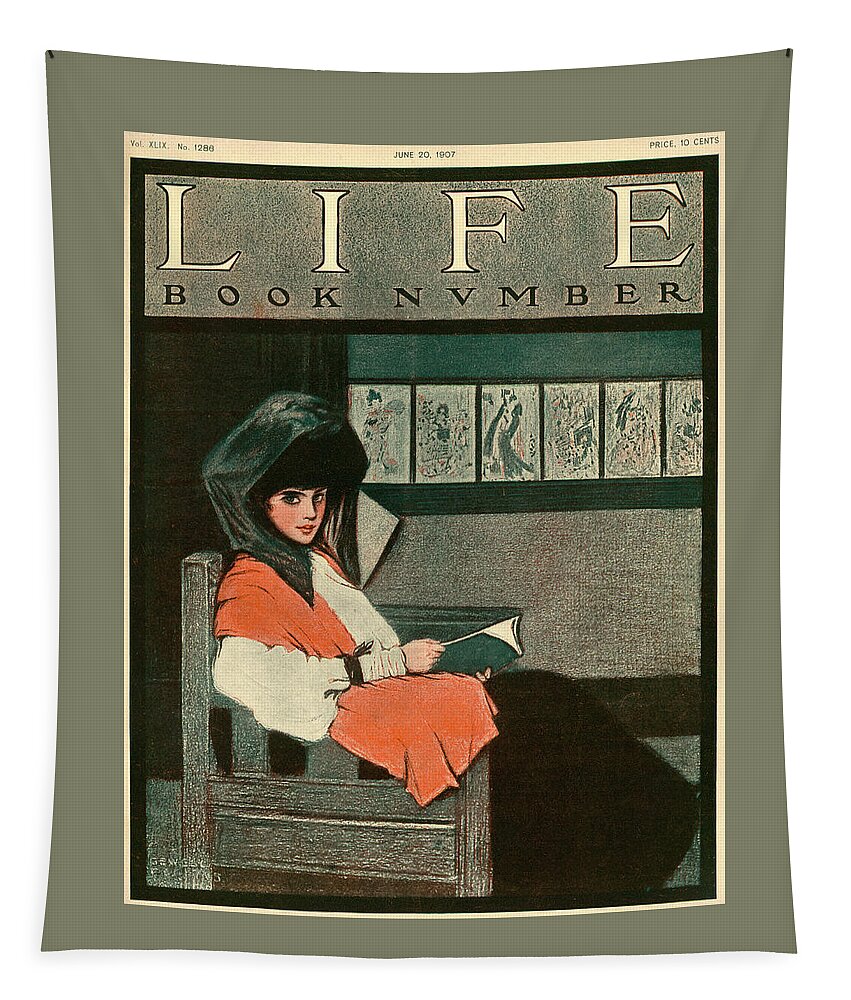 Woman Reading A Book Tapestry featuring the mixed media Cover of Life Magazine June 20, 1907 by Sewell Collins