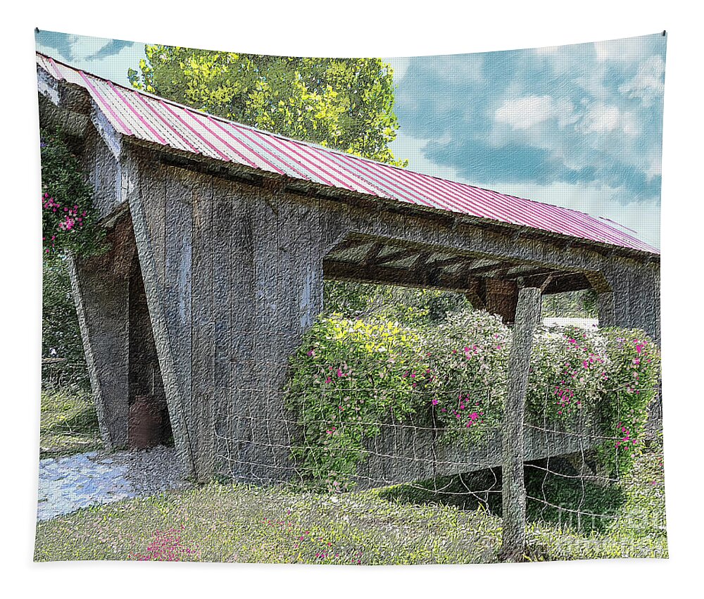 Bridge Tapestry featuring the photograph Covered bridge with flowers by Bentley Davis
