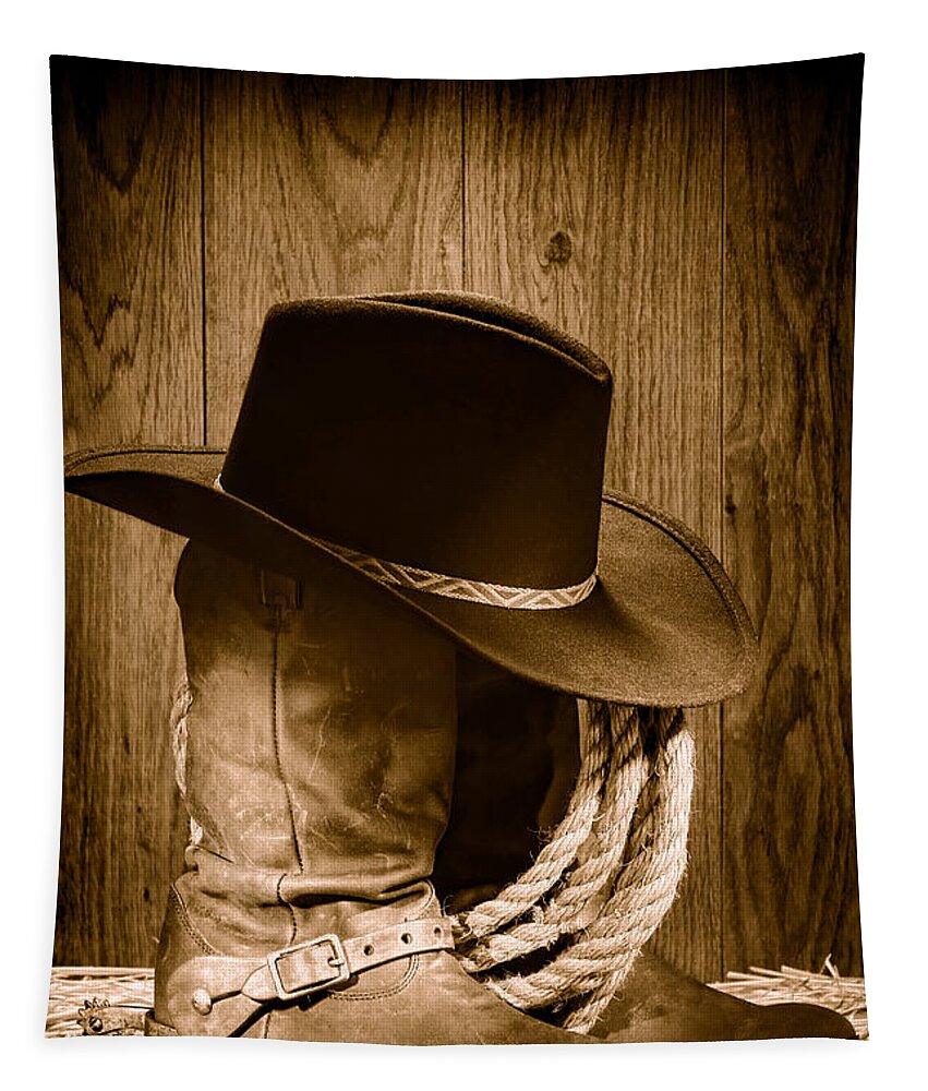 Antique Tapestry featuring the photograph Cowboy Hat on Boots - Sepia by Olivier Le Queinec