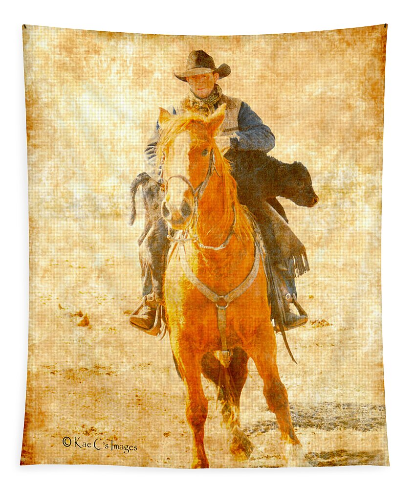 Cowboy Tapestry featuring the mixed media Cowboy Helps Calf by Kae Cheatham