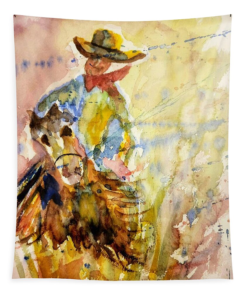 Wild Tapestry featuring the painting COWBOYS AND HORSES abstract by Shady Lane Studios-Karen Howard