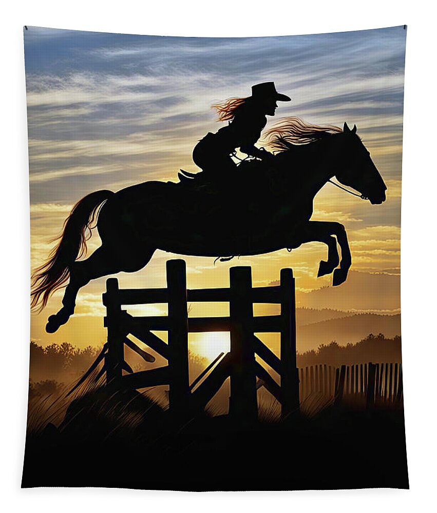 Horse Tapestry featuring the mixed media Cowgirl Riding a Jumping Horse over Hurdle Sunset Action by Stephanie Laird