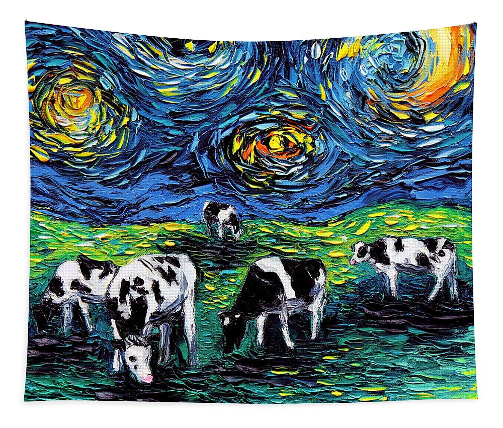 Cows Tapestry featuring the painting Cow Starry Night by Aja Trier