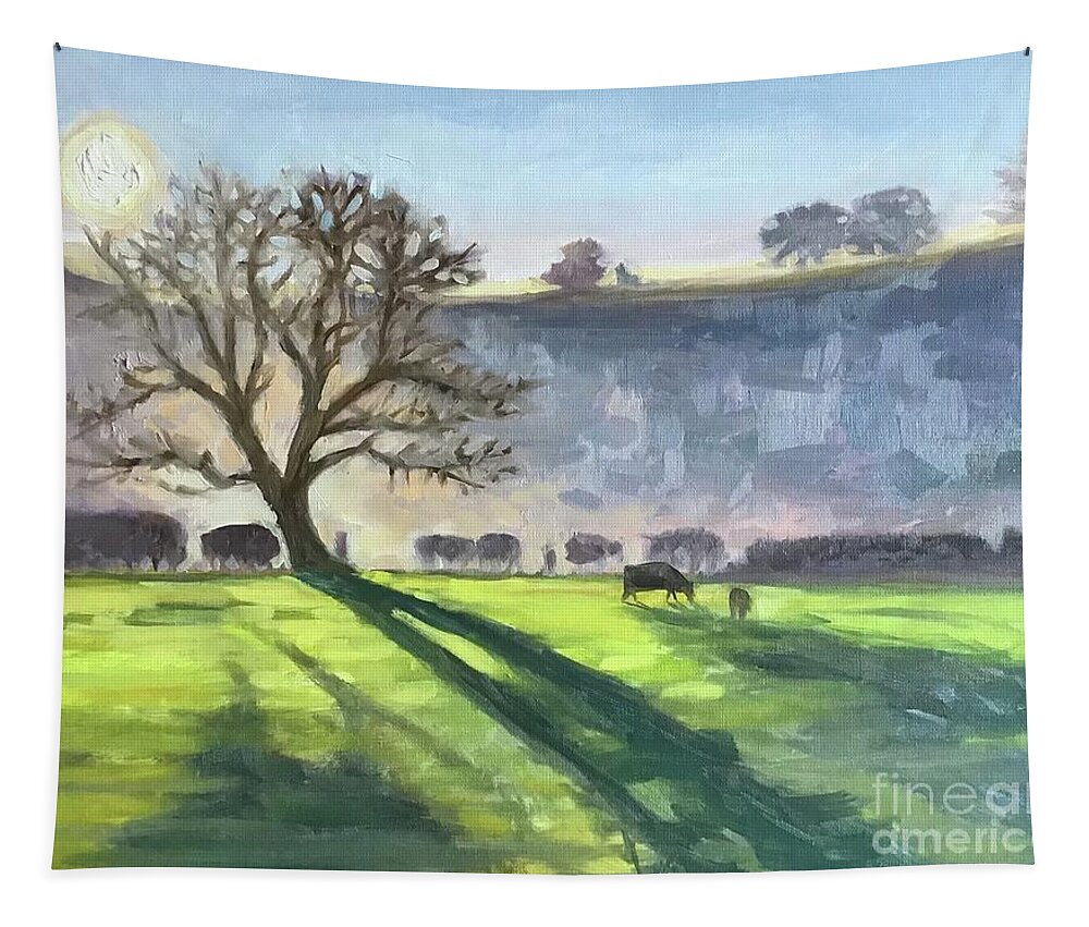 Cow Tapestry featuring the painting Cows at Sundown by Anne Marie Brown