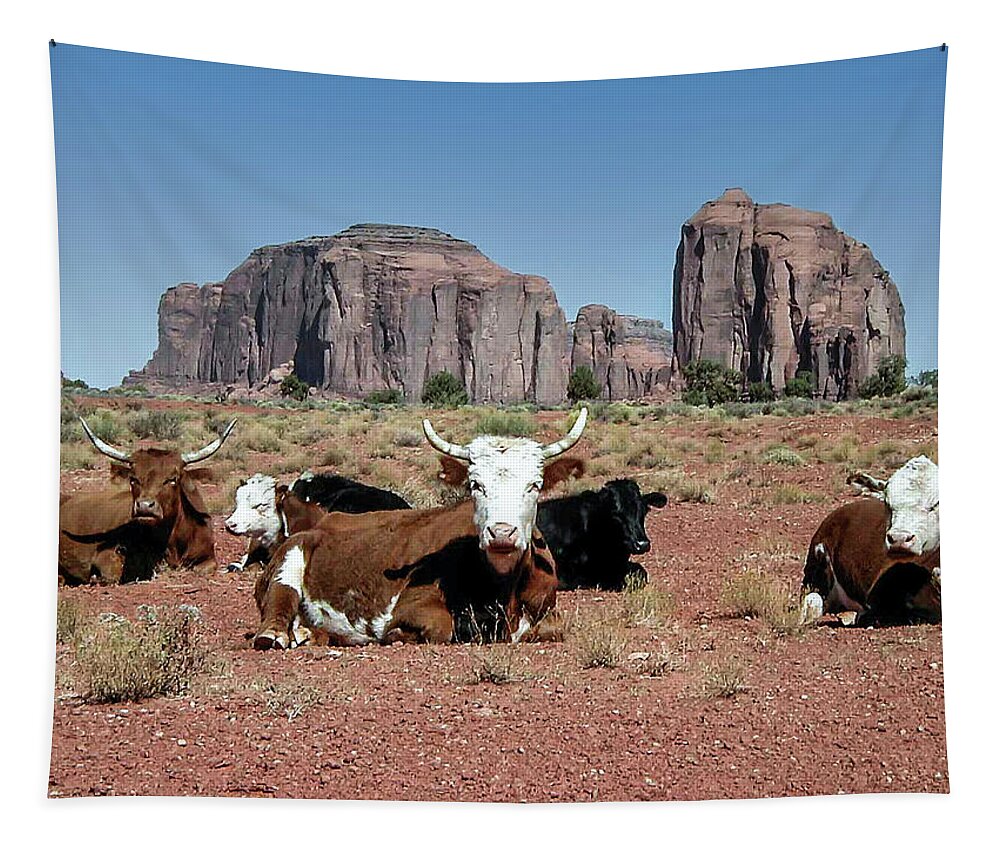 Monument Valley Tapestry featuring the photograph Cows in the Mittens by Louis Dallara