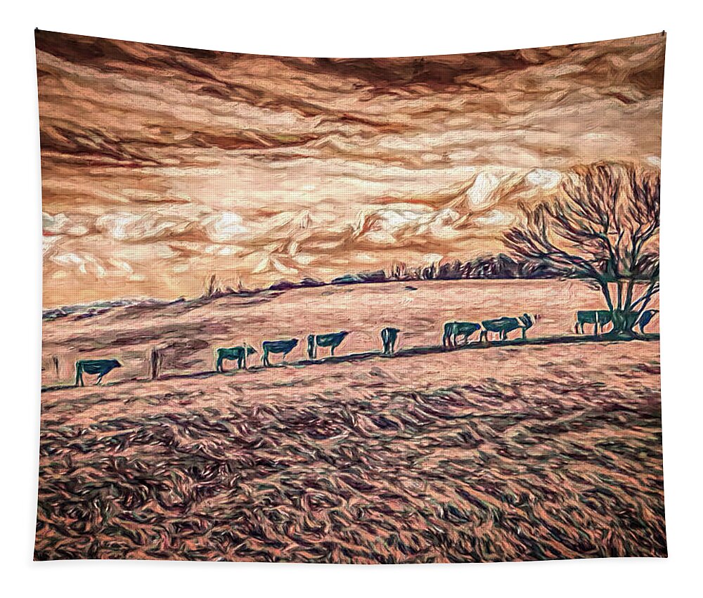 North Carolina Tapestry featuring the painting Cows on a Hill ap by Dan Carmichael