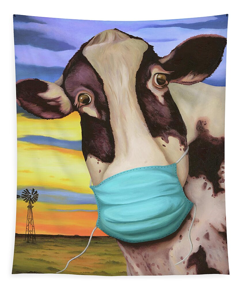 Cow Tapestry featuring the painting Cowvid 19 by Leah Saulnier The Painting Maniac