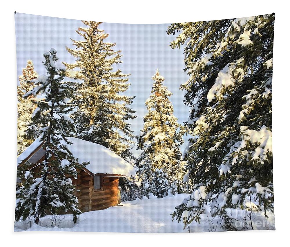 Cozy Cabin In Iconic Canadian Winter Scene. Tapestry featuring the photograph Cozy Cabin by Nicola Finch