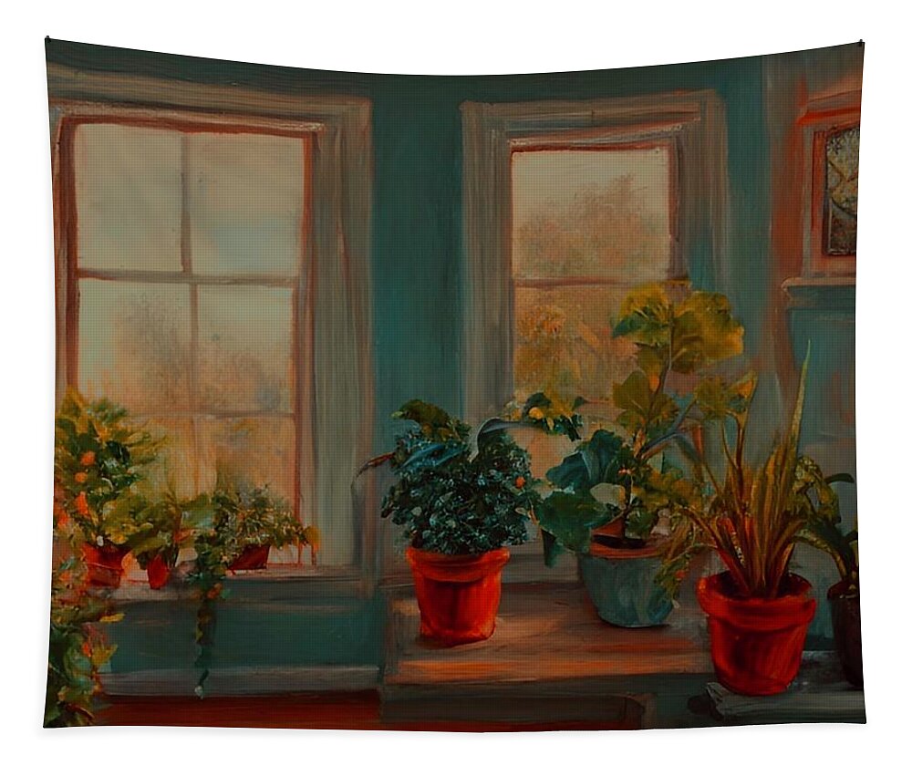 Houseplants Tapestry featuring the painting Cozy Sunroom by Bonnie Bruno