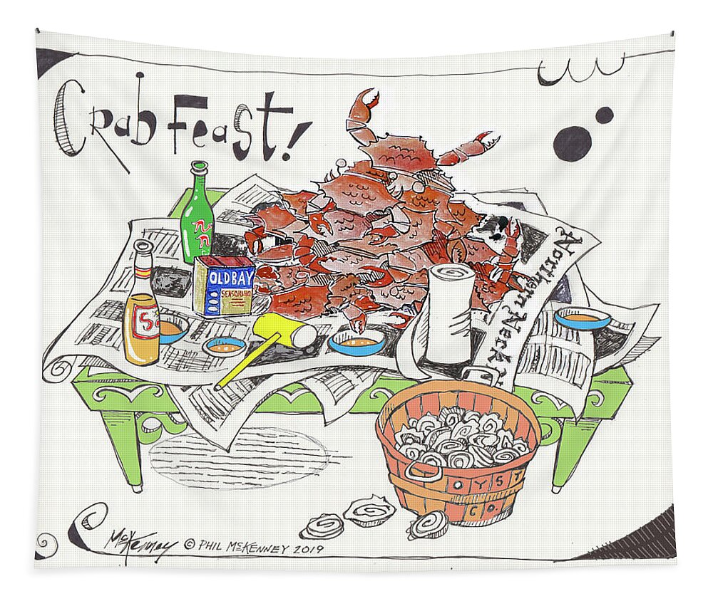  Tapestry featuring the drawing Crab Feast by Phil Mckenney