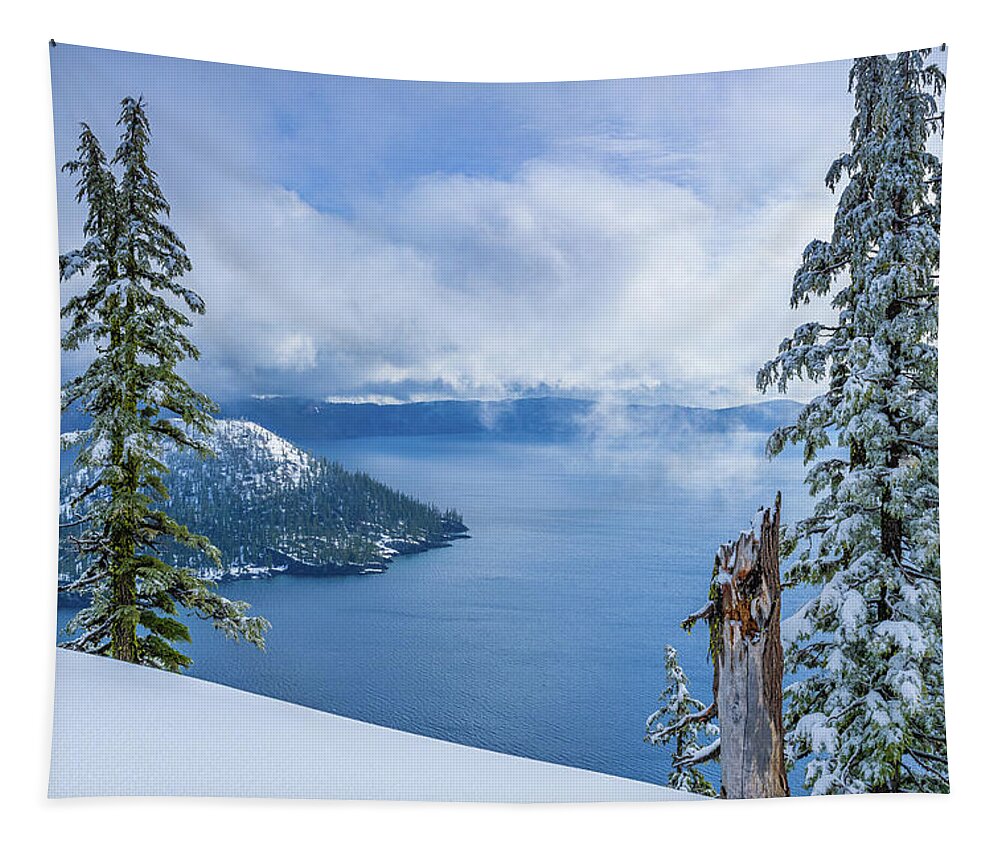 Crater Lake Tapestry featuring the photograph Crater Lake Winter Fog by Erin K Images