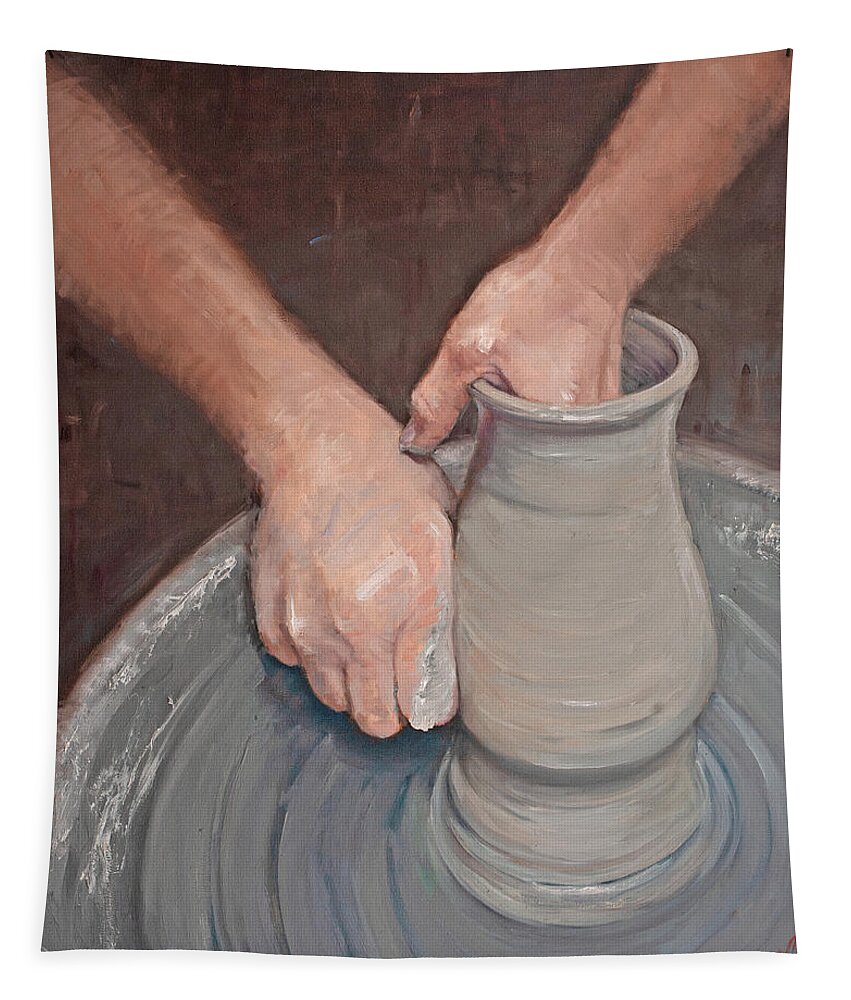Hands Tapestry featuring the painting Creation - The Potter's Hands by Christy Sawyer